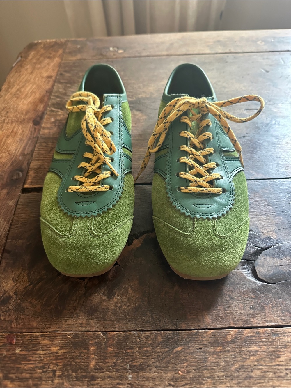 Men's Green Suede Athletic Sneakers with Yellow Laces